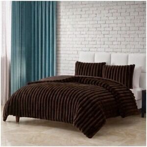 Hallmart Collectibles Queen Faux Fur Comforter Set 3 Piece Dark Brown Ribbed NEW